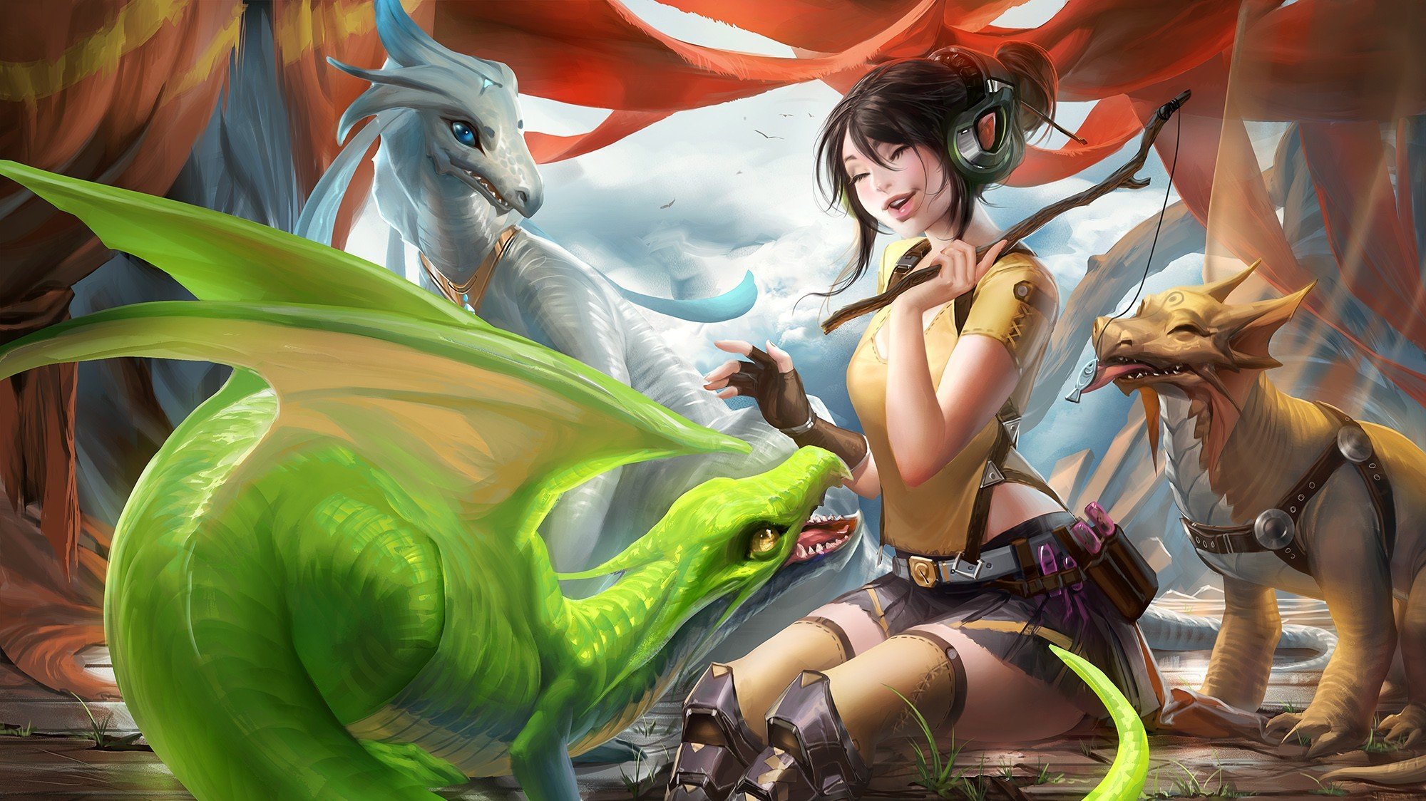 arte sakimichan chica auriculares dragones varita juego delicadeza emociones risa pez