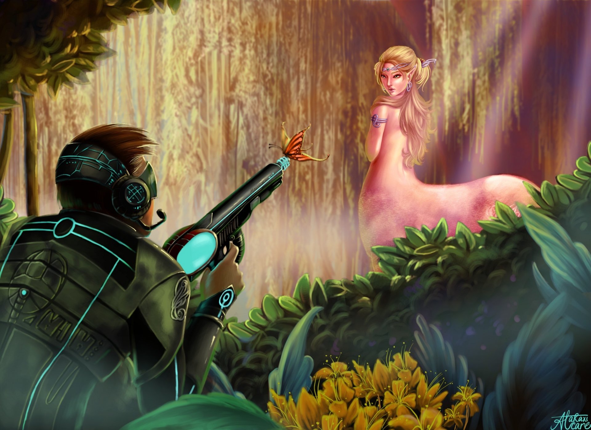 art girl centaur soldier man weapon butterfly forest