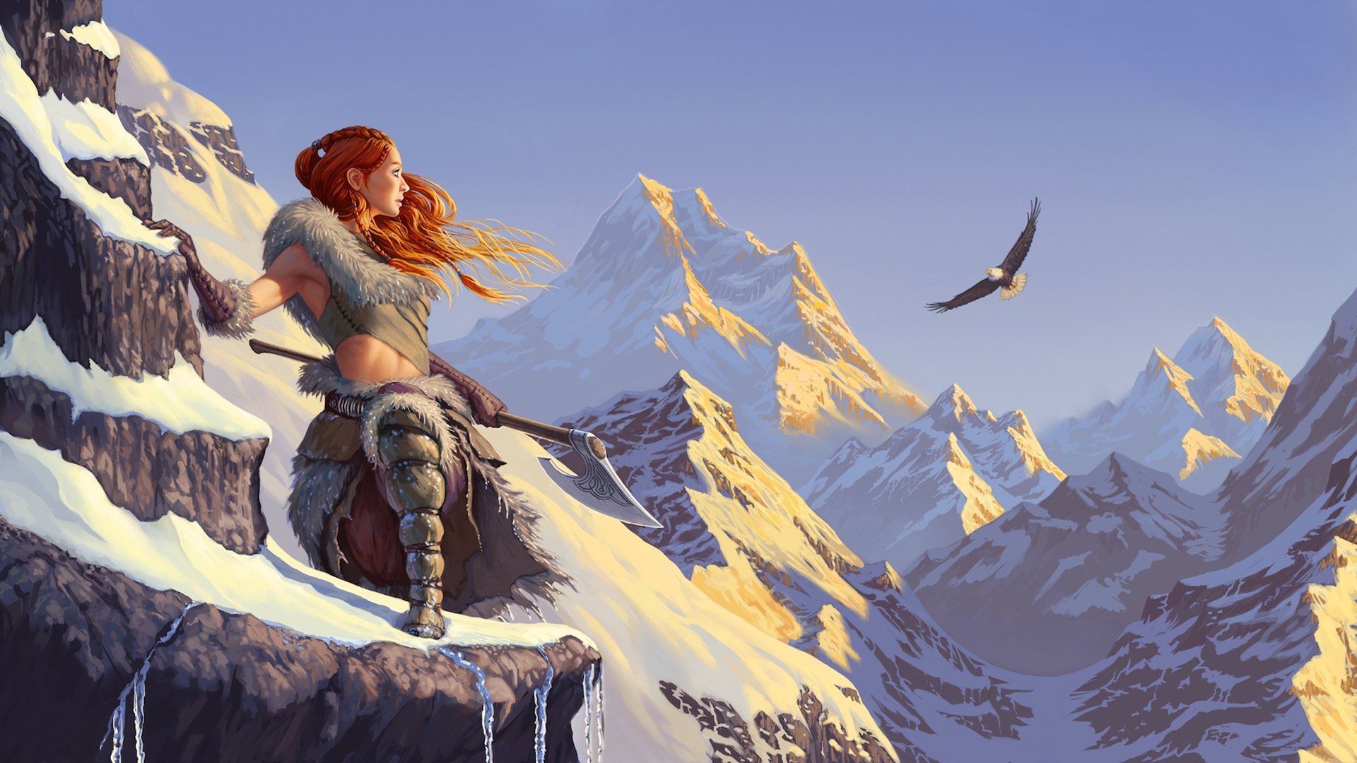 mountain snow sky girl red axe eagle