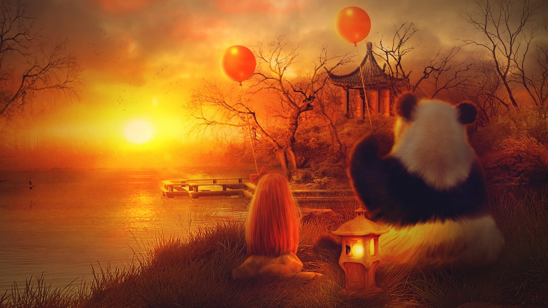 girl panda bulbs orange sun sunset light house tree lake