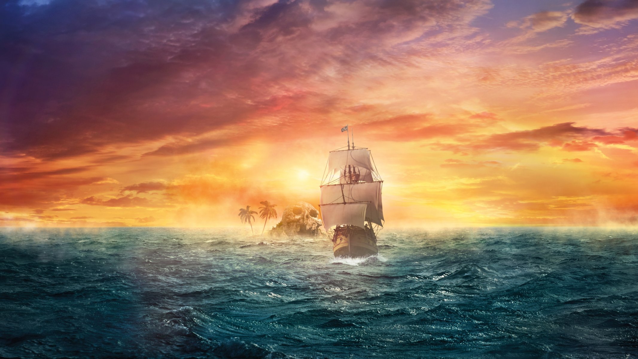 fiction art fantasy sea ocean excitement haze ship sailboats island sky glow sunset