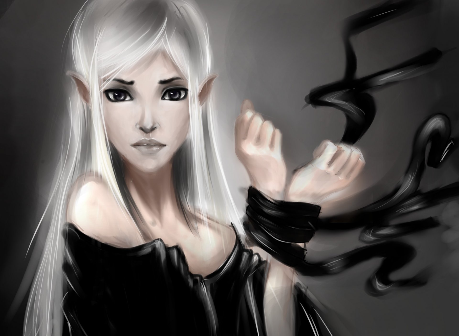 art elf girl hands connected white hair