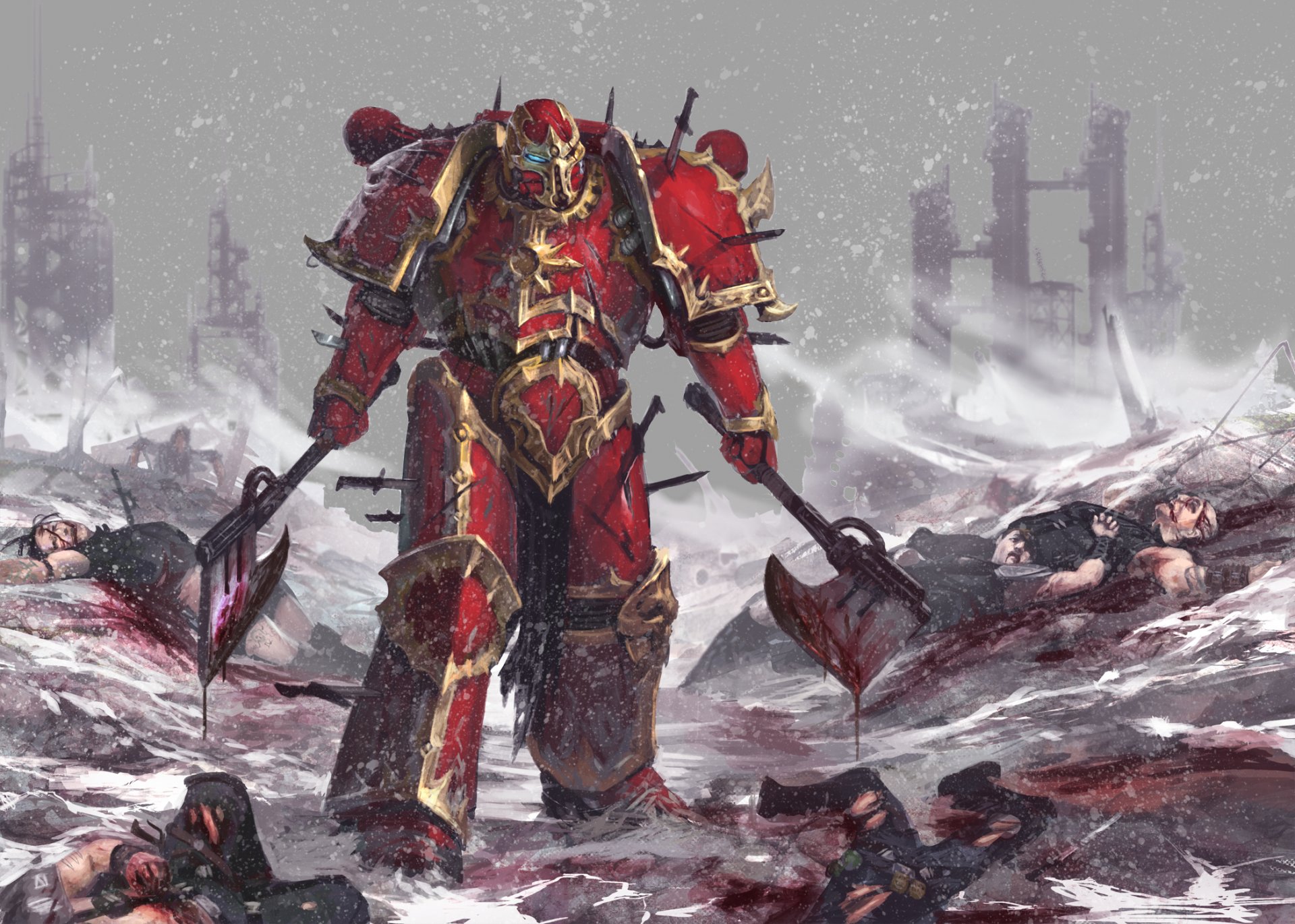 warhammer guerrero armas armadura de poder nieve ruinas cadáveres