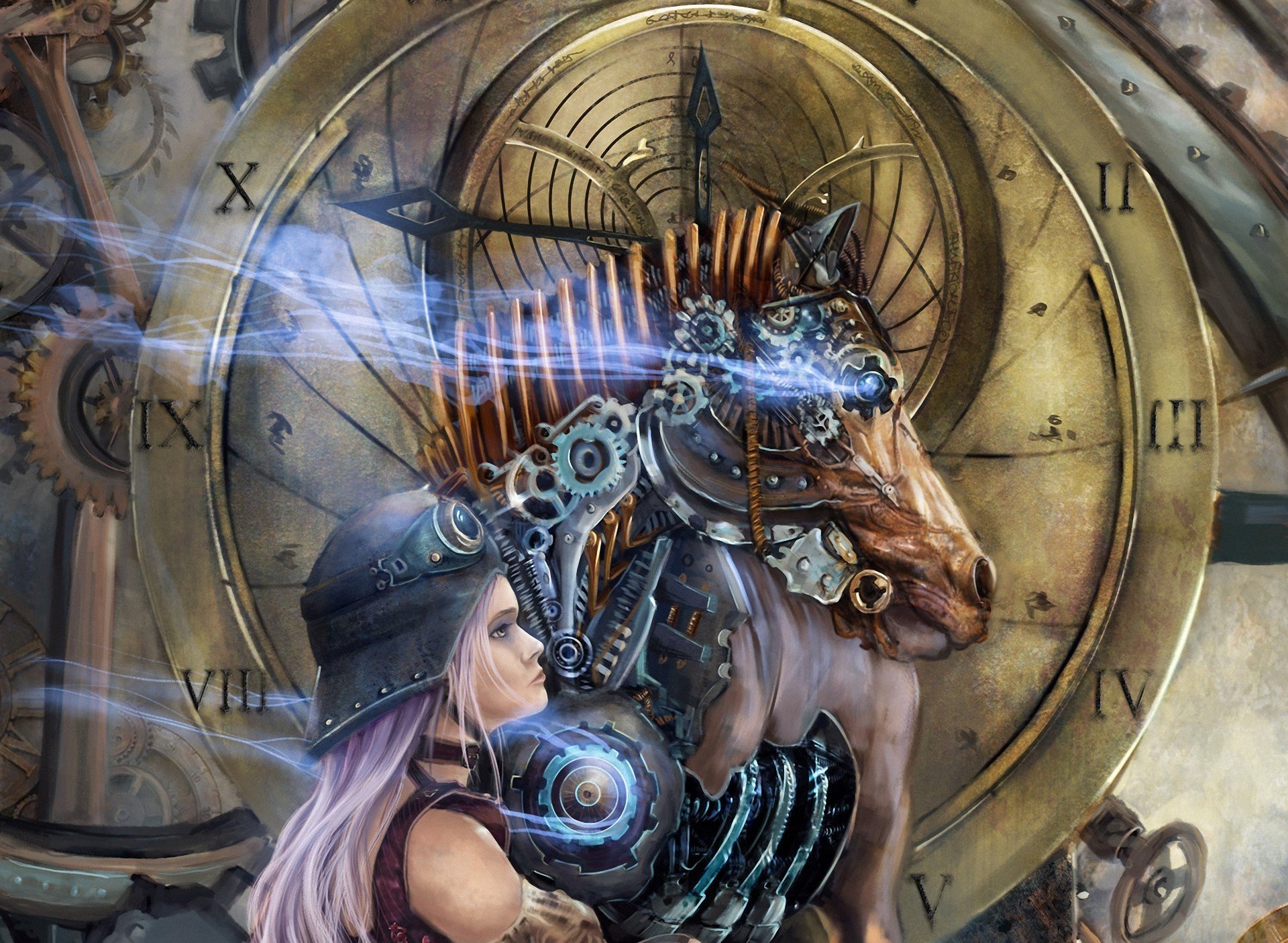 arte ragazza casco cavallo meccanismo testa orologio quadrante surrealismo