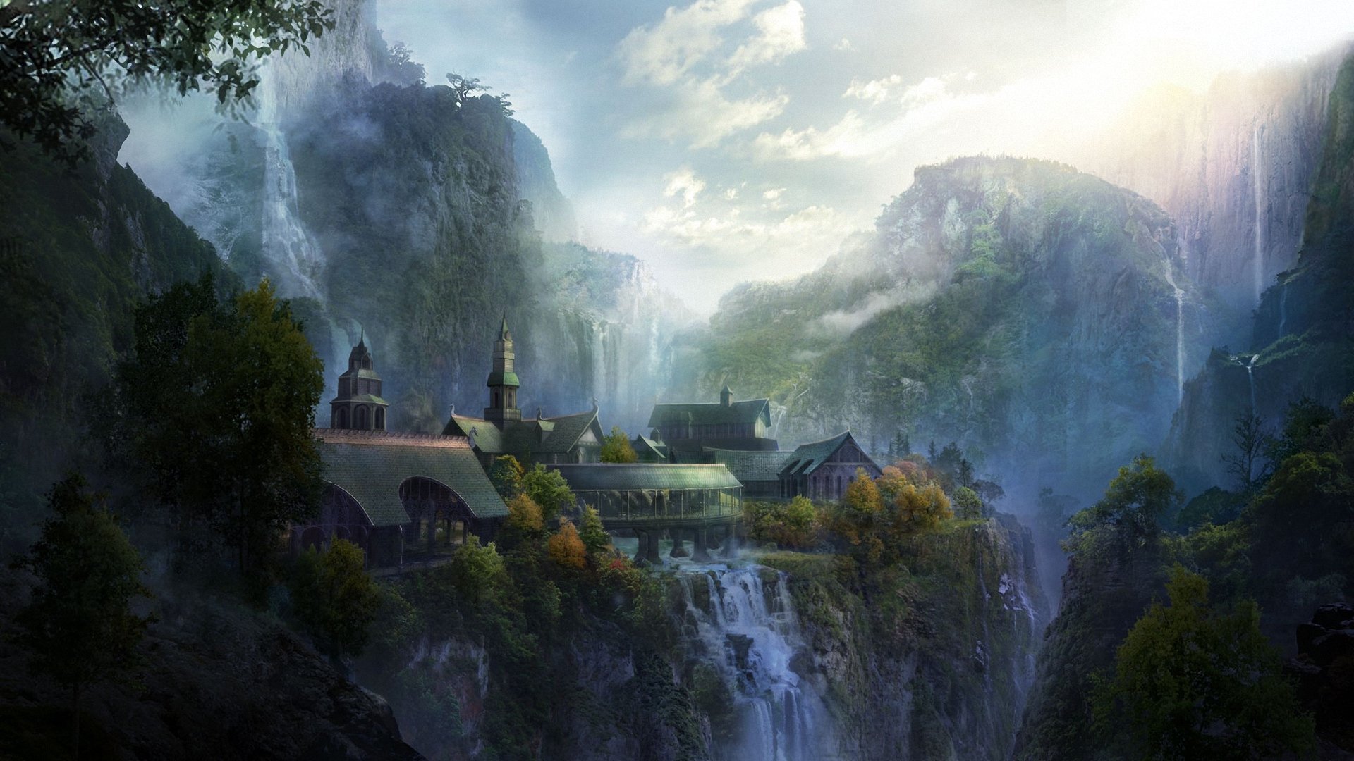 art seigneur des anneaux rivendell ville paysage montagnes