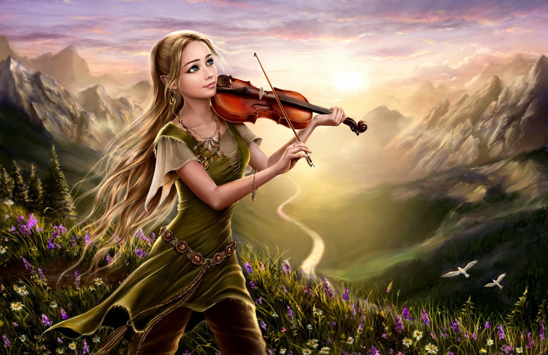 art fantasy fille violon nature aube rivière montagnes colline fleurs oiseaux