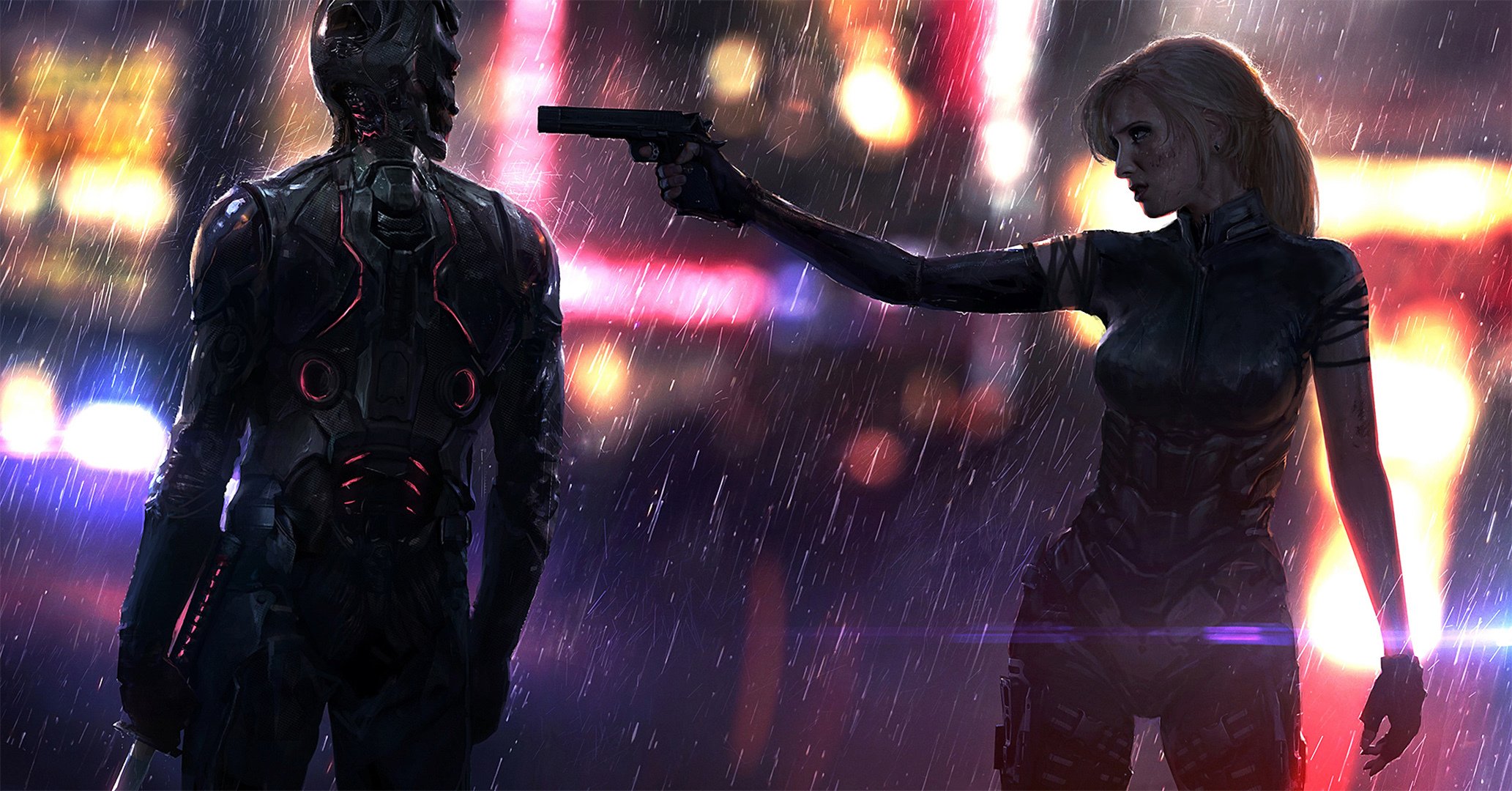 gun helmet art men a woman cyberpunk sword rain