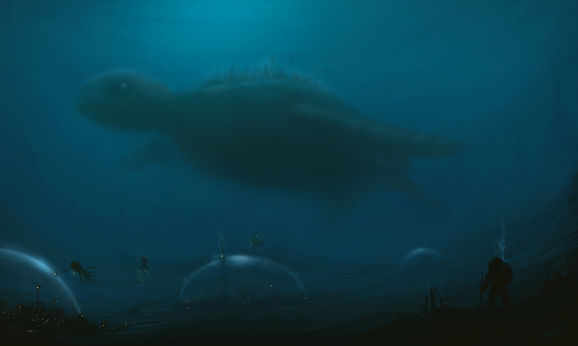 arte mar agua mundo submarino ciudad tortuga gigante hombre cúpula luces