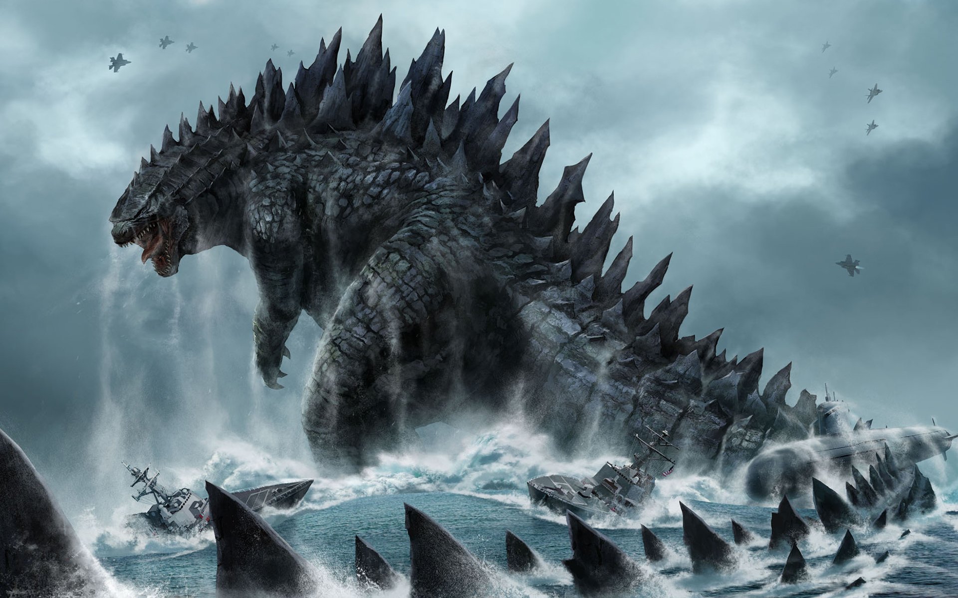 godzilla monstre dinosaure queue navires combattants sous-marin mer vagues ciel