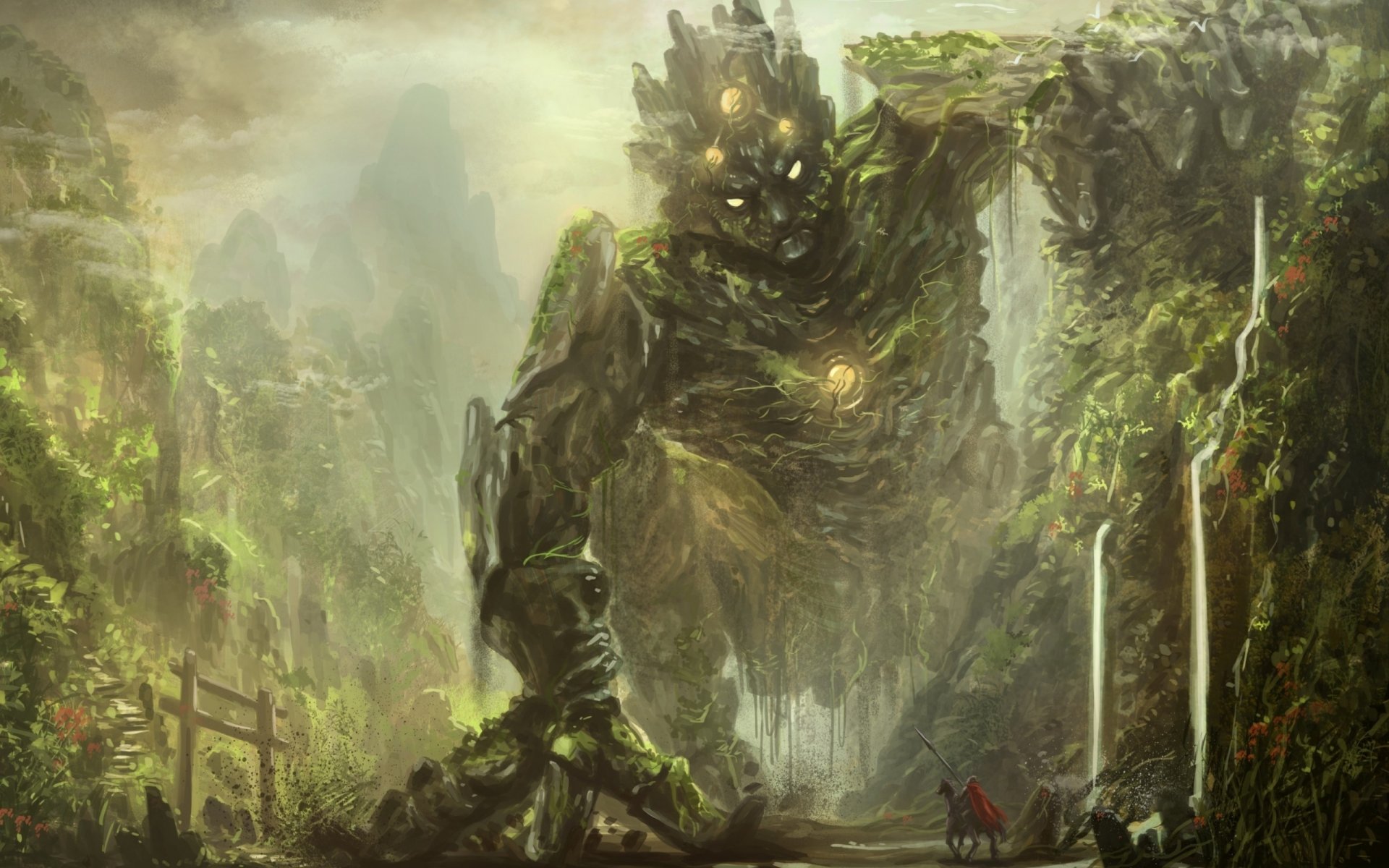 fiction art fantasy the artist lily yang mountain rock forest ravine hollow trail traveler knight horseman monster being