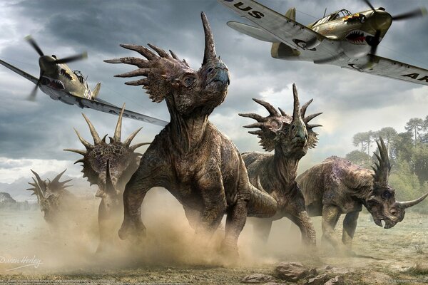 Styracosaurs fleeing from planes by daren horley