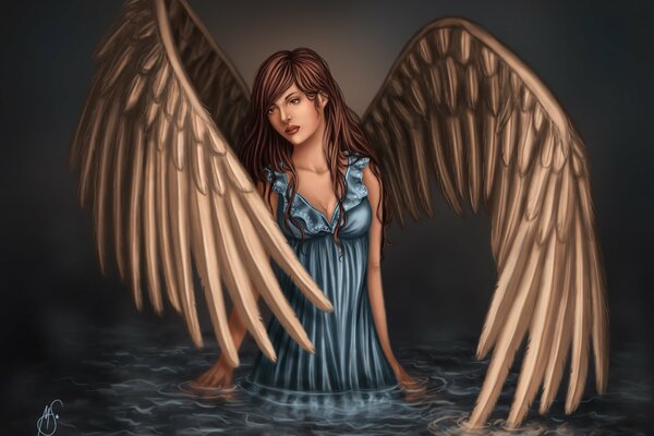 A long-haired girl with wings standing in the water