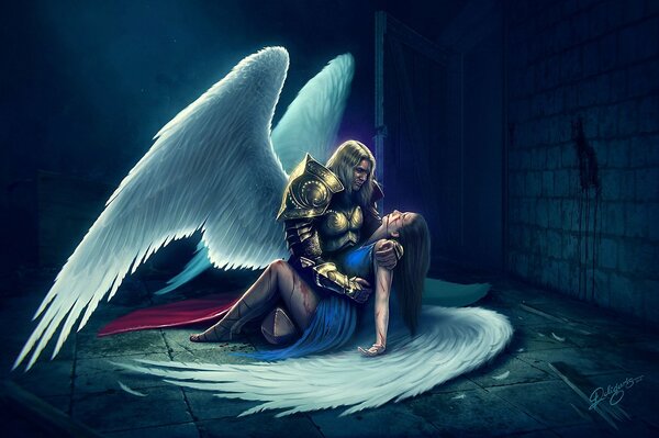 Art of a guy with wings holding a girl with wings