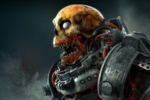 A screaming skull in cyborg armor