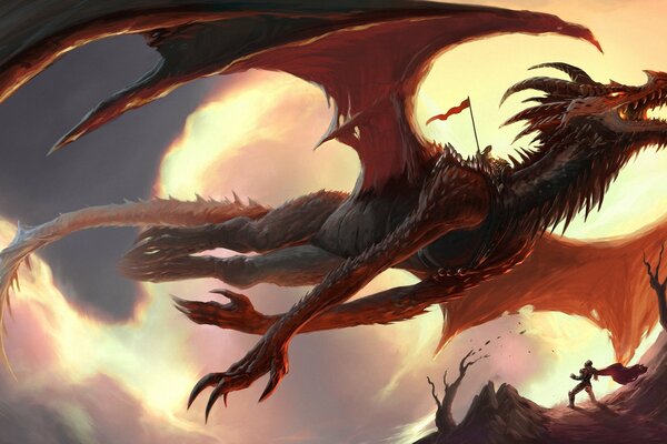 A huge fantasy dragon is flying in the sky