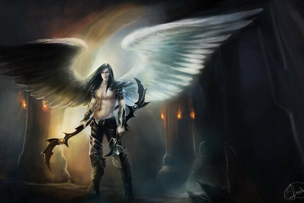 An angel with a weapon stands against the ruins