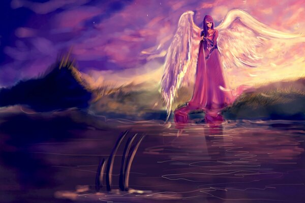 An angel with wings in red robes reflected in the water