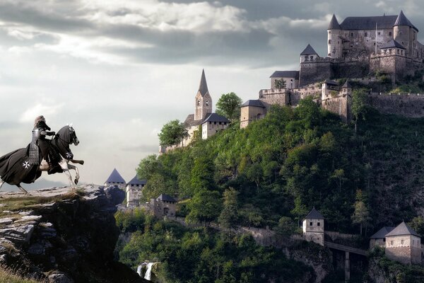 Un cavalier sur un cheval saute dans le château