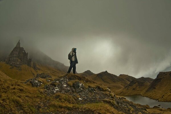 A traveler on a post-apocalyptic background