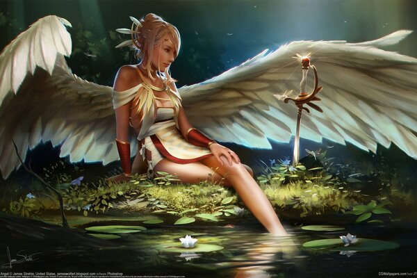 Angel girl by the pond with a saber