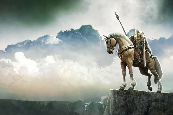 A horse with a knight on the background of the sky