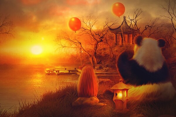 Panda with a balloon on the background of sunset