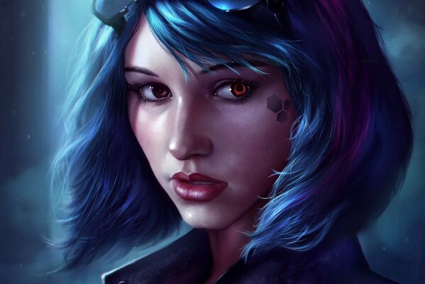 A girl with blue hair and red eyes