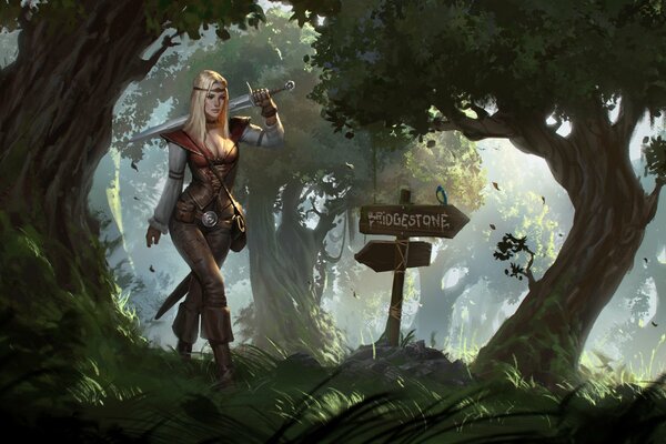 A girl with a sword is standing in the forest