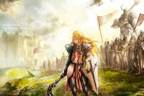 A girl with a shield on the battlefield