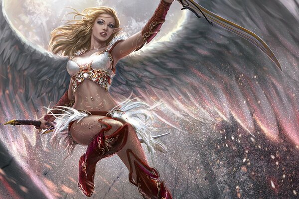 Fantasy image of a girl with wings and a sword