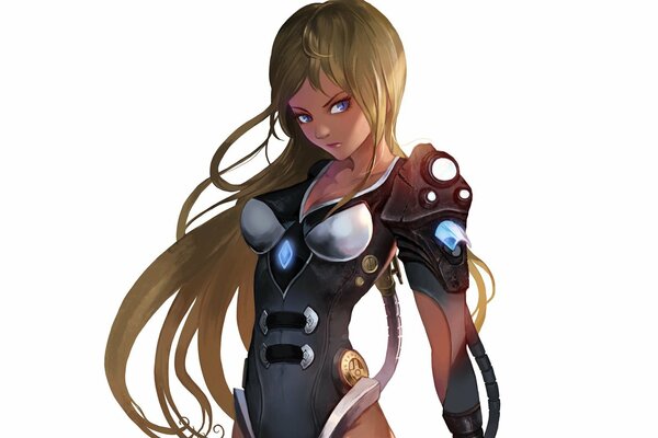 A girl with long hair in armor. Art image