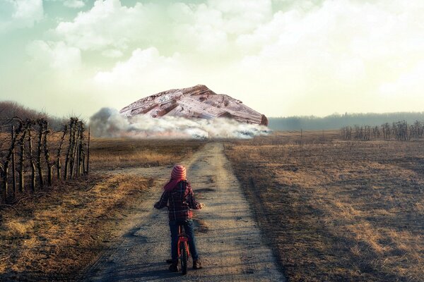 A girl on a bicycle looking at an alien ship that fell to earth is fantastic