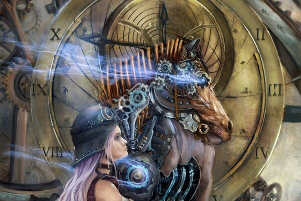 Art of a girl in a helmet with a metal horse