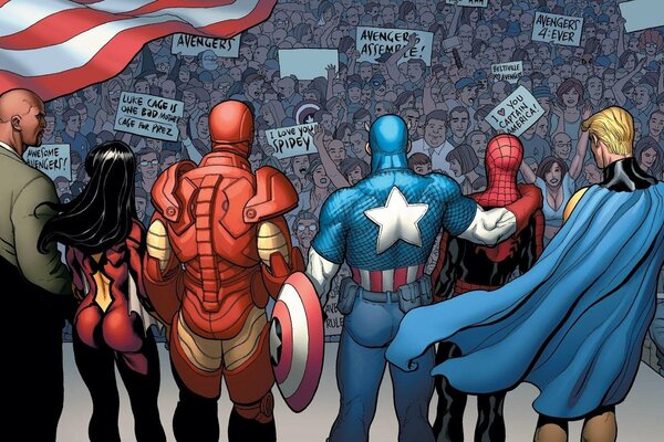 The crowd worships famous superheroes