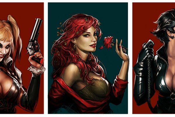 Sexy Comic-Heldinnen Harley Queen, Poison Ivy und Catwoman