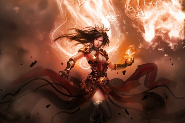 A fantasy image of a sorceress in armor and a flame in her hands