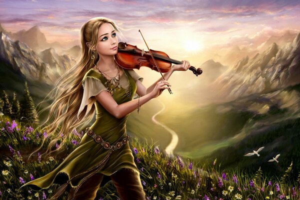 Fille jouant du violon sur le Terrain avec des fleurs