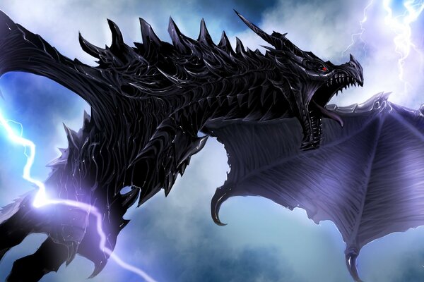 A dragon with an open mouth flies through lightning