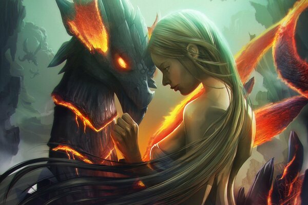 Fille dans le profil et le dragon de feu