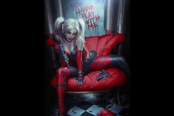 La villana Harley Quinn en la silla roja