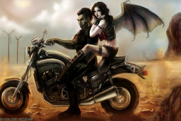 A girl with wings on a motorcycle