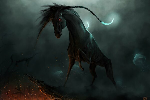 Fantasy wallpaper black horse with red eyes