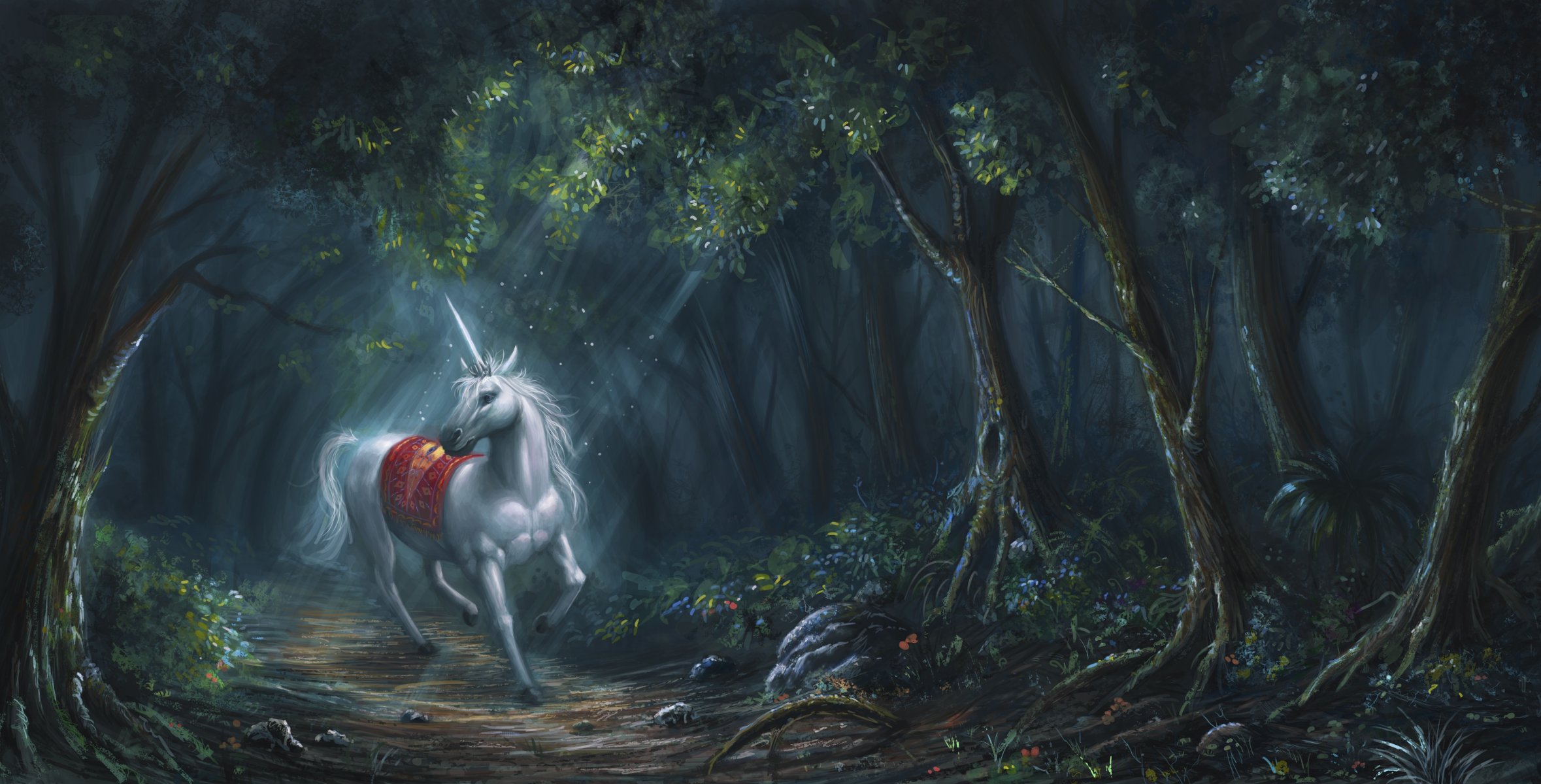 art licorne cheval blanc corne forêt fantasy