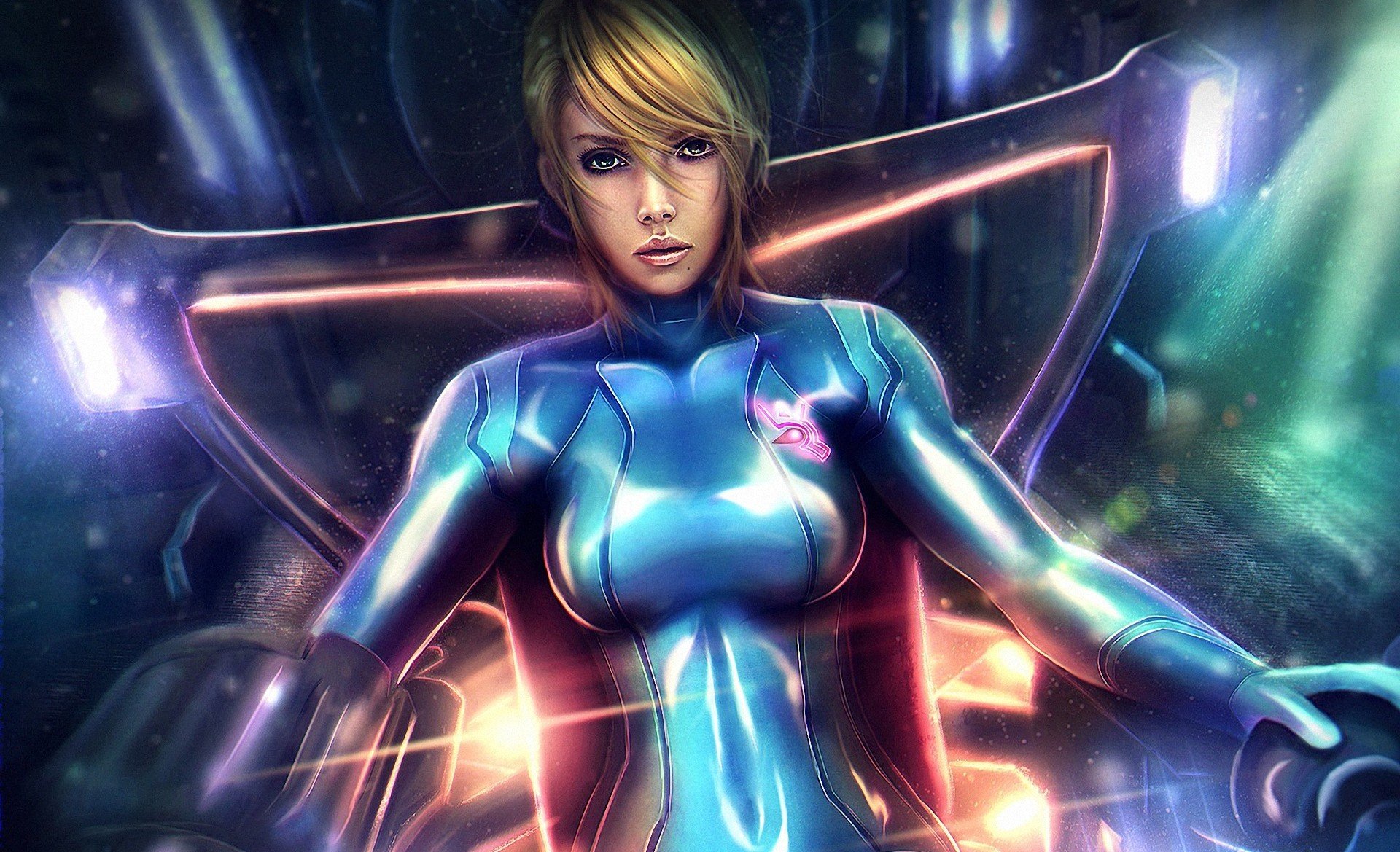 arte chica sentado traje silla iluminación metroid samus aran