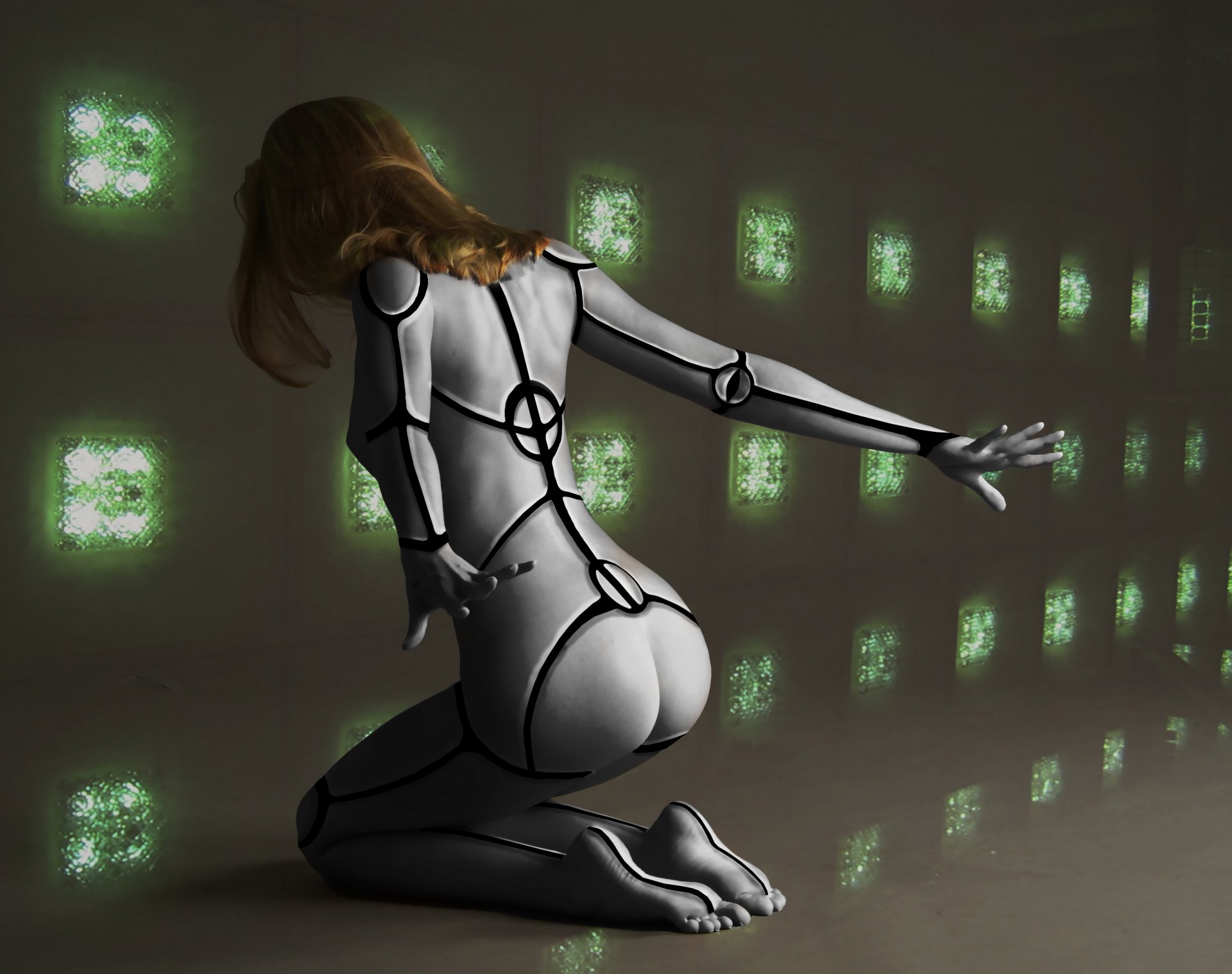 fantascienza arte ragazza cyborg schiena braccia capelli