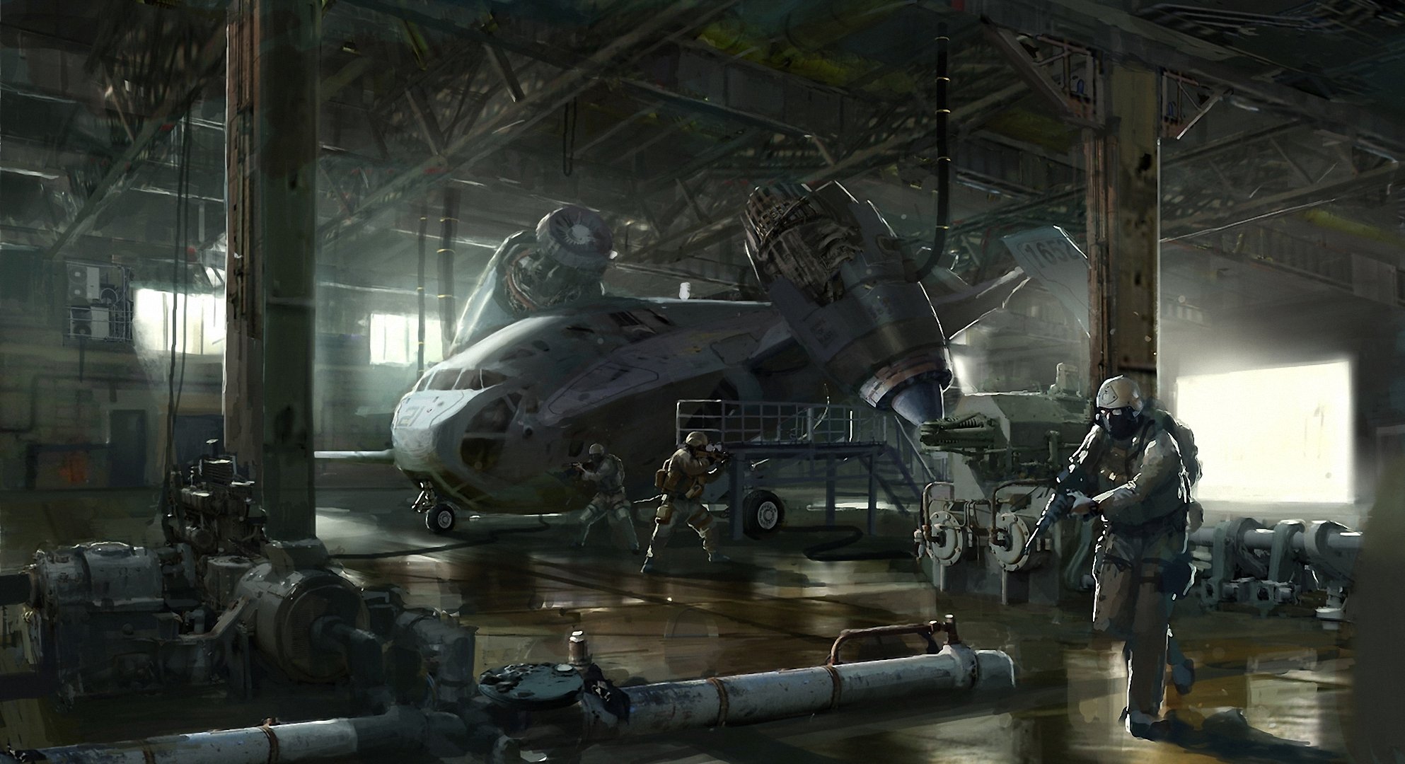 art hangar men weapon transportation plane ship