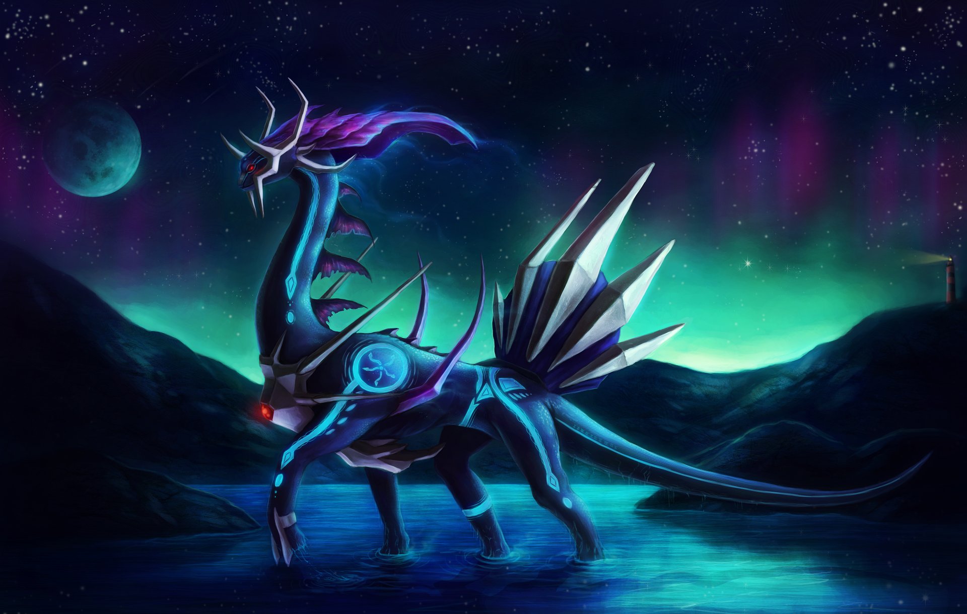 dialga fantascienza carta da parati disegno drago luna stelle aurora boreale