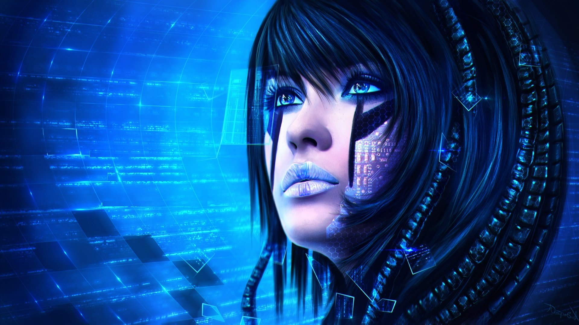 fantascienza arte fantascienza ragazza viso sguardo tecnologia