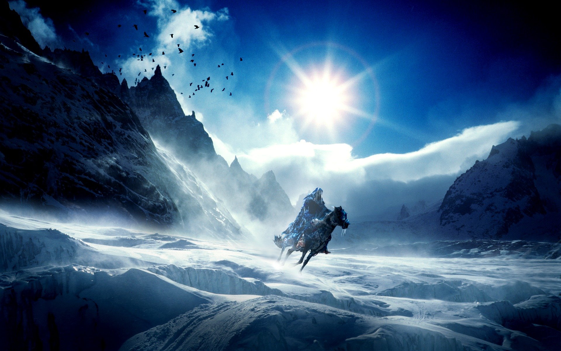 fiction horseman horse next icicles cool winter mountain sky sun bird