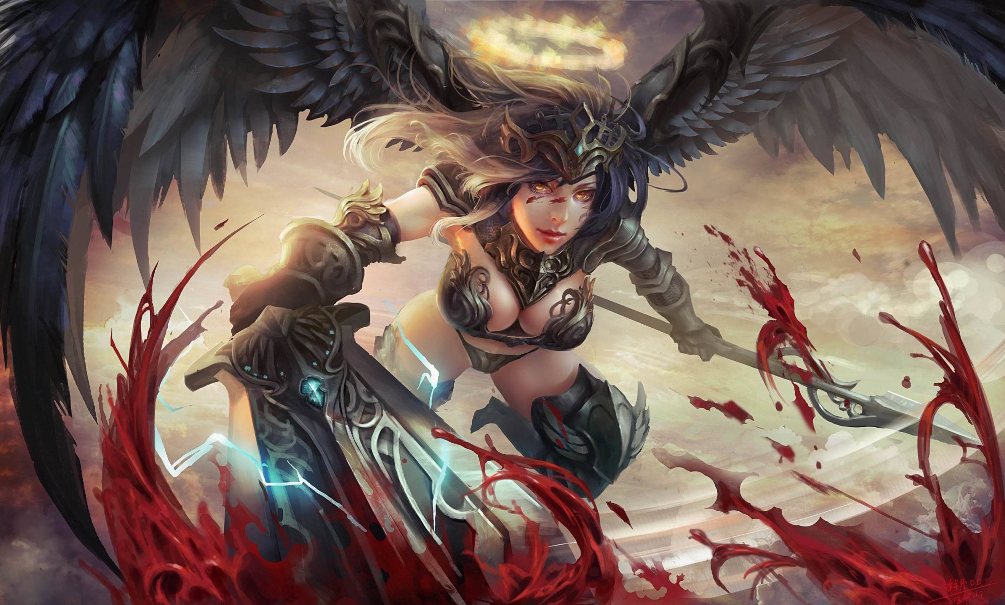 art angel fallen wings halo sword weapon spear blood